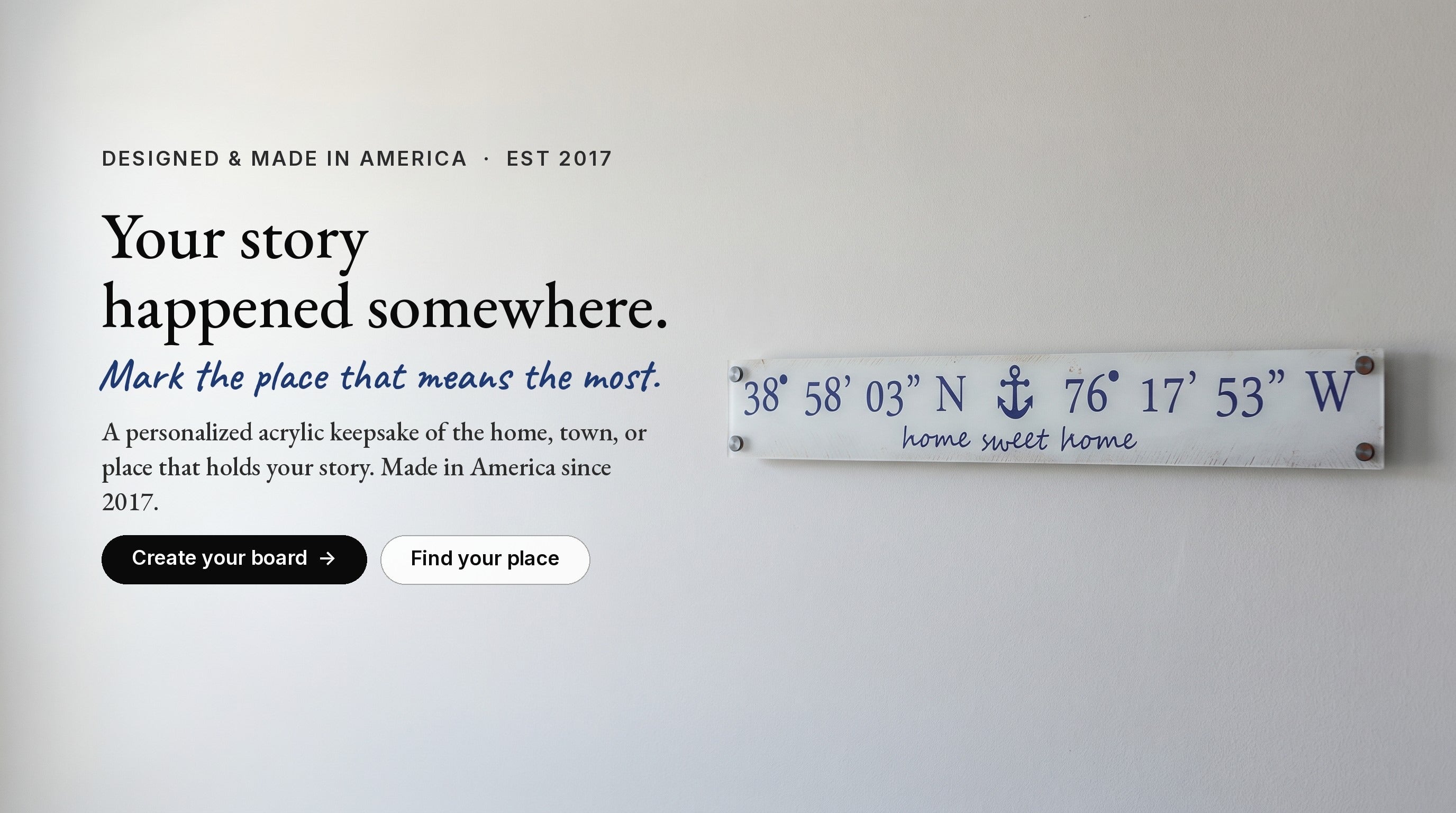 Your story happened somewhere. Mark the place that means the most. A personalized acrylic Coordinate Board, designed and made in America since 2017.