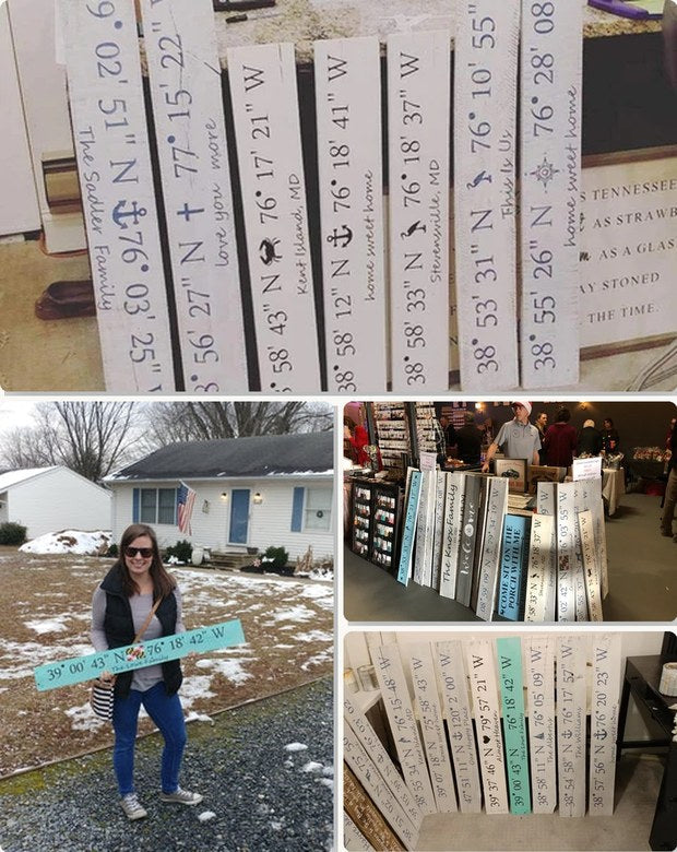 A decade of Coordinate Boards: rows of hand-painted boards from the early years, a customer holding hers in front of her home, the craft-fair booth where we met our first families, and another batch in production.